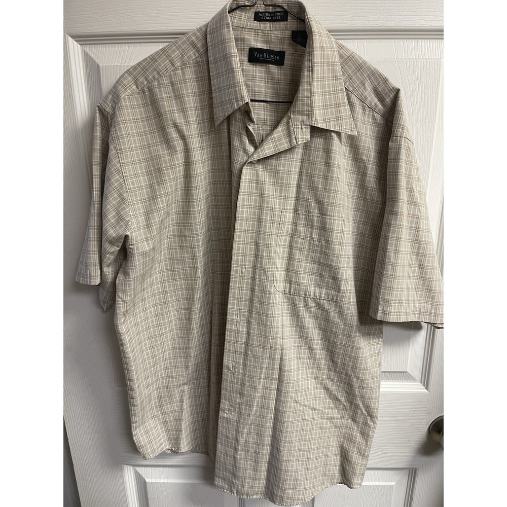 Van Heusen Men's Button Down Shirt Size LG Tan Brown Plaid Shirt Sleeve